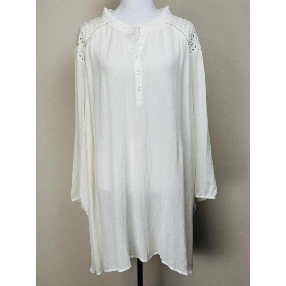 Torrid 6 Ivory Gauze Tunic W/ Eyelet Yoke Long Sleeve Boho Beach Cottage Core